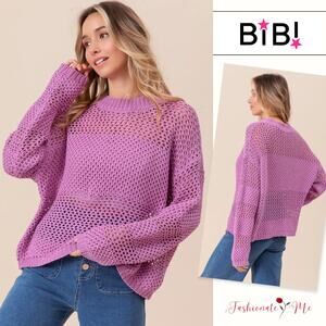 BiBi Openwork Long Sleeves Midweight Round Neck Relaxed Fit Knit Sweater | Berry